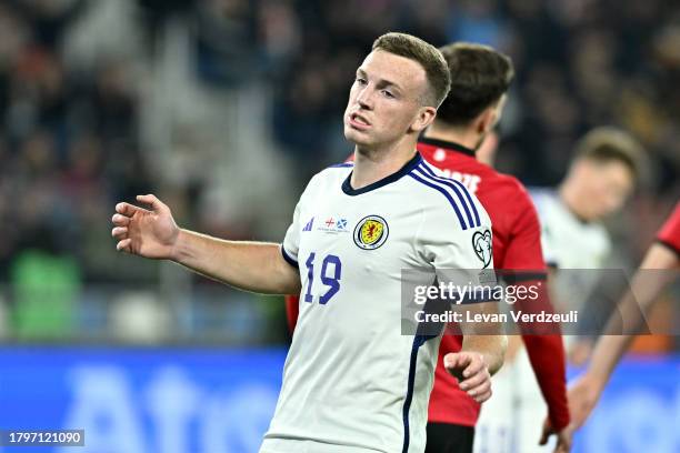 Lewis Ferguson of Scotland reacts during the UEFA EURO 2024 European qualifier match between Georgia and Scotland at Boris Paichadze National Stadium...