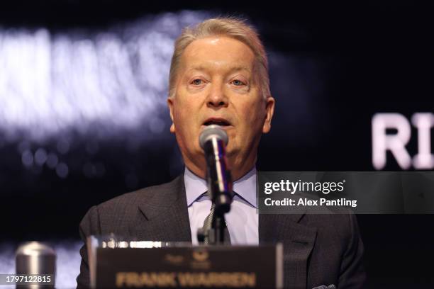 Boxing promoter, Frank Warren speaks during the Tyson Fury v Oleksandr Usyk Press Conference at Outernet London on November 16, 2023 in London,...