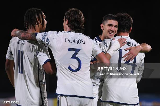 Cristian Volpato of Italy U21 celebrates after scoring his team fourth goal during the UEFA Under21 Euro Qualifier match between San Marino U21 and...