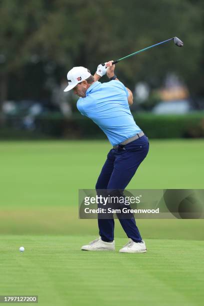 Ricky Barnes of the United States hits from the 13th fairway during the first round of The RSM Classic on the Plantation Course at Sea Island Resort...