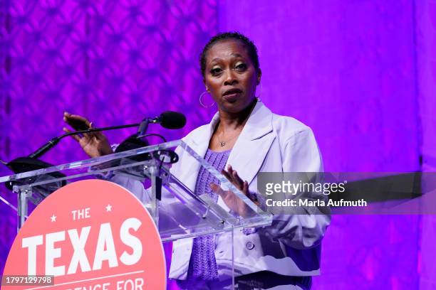 Gail Devers, Olympic Gold Medalist & Thyroid Eye Disease Patient Advocate speaks on stage during 2023 Texas Conference For Women at Austin Convention...