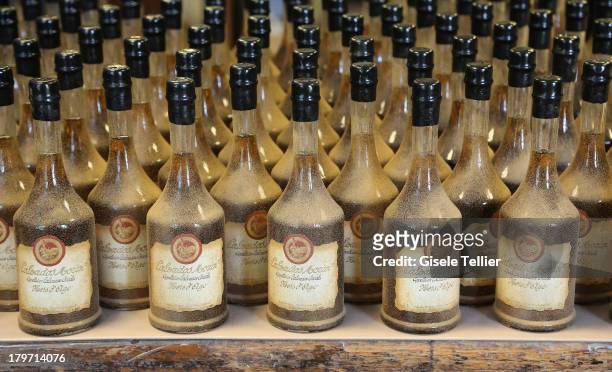 Bottles of Calvados are stored at the production facility of Calvados Morin in the Lower Normandy region on August 13, 2013 in Ivry-la-Bataille,...