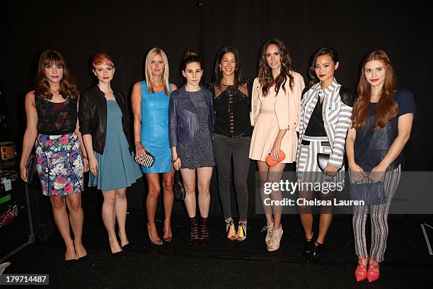 Christa B. Allen, Valorie Curry, Nicky Hilton, Zosia Mamet, Rebecca Minkoff, Louise Roe, Jamie Chung and Holland Roden pose backstage at the Rebecca...