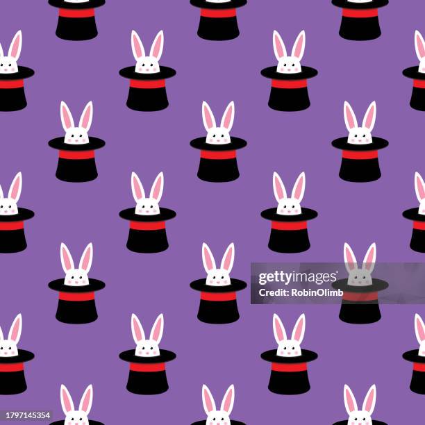 white rabbit magic hat nahtloses muster - zylinderhut stock-grafiken, -clipart, -cartoons und -symbole
