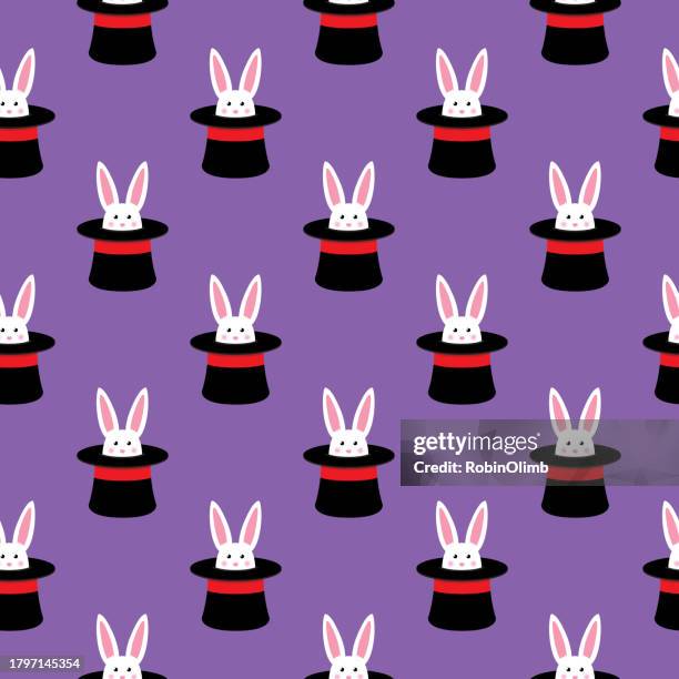 white rabbit magic hat nahtloses muster - zauberer zylinder stock-grafiken, -clipart, -cartoons und -symbole