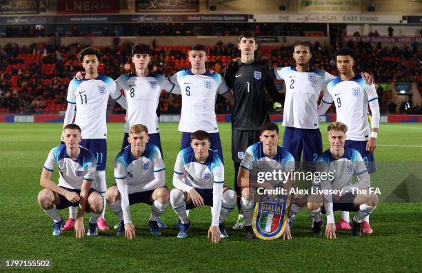 The players of England U20 line up prior t the U20 Elite League match between England U20 and Italy U20 at Eco-Power Stadium on November 16, 2023 in...