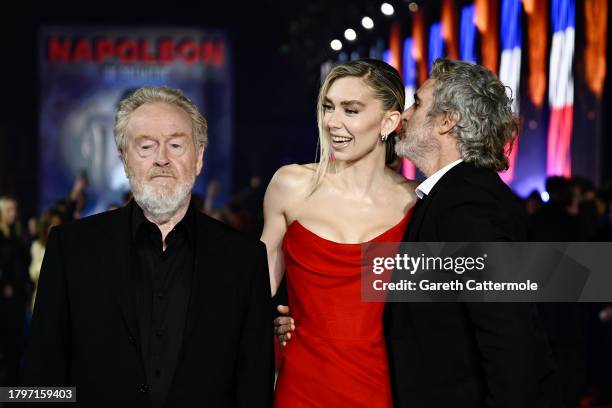 Ridley Scott, Vanessa Kirby and Joaquin Phoenix attend the "Napoleon" UK Premiere at Odeon Luxe Leicester Square on November 16, 2023 in London,...