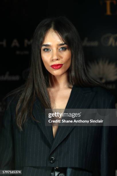 Hannah John-Kamen arrives at Joshua Kane's "The Shipwrecked Tailors" at The Mandrake Hotel on November 16, 2023 in London, England.