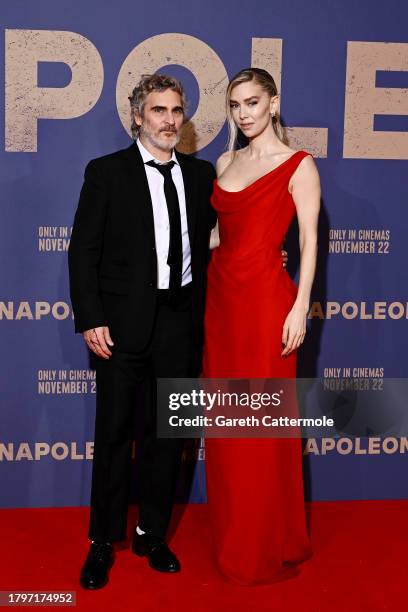 Joaquin Phoenix and Vanessa Kirby attend the "Napoleon" UK Premiere at Odeon Luxe Leicester Square on November 16, 2023 in London, England.