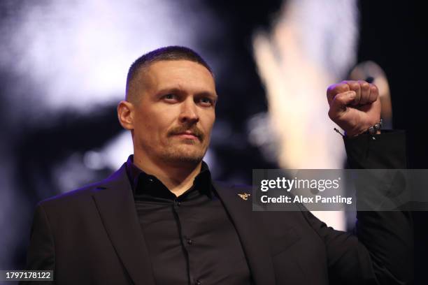 Oleksandr Usyk reacts during the Tyson Fury v Oleksandr Usyk Press Conference at Outernet London on November 16, 2023 in London, England.