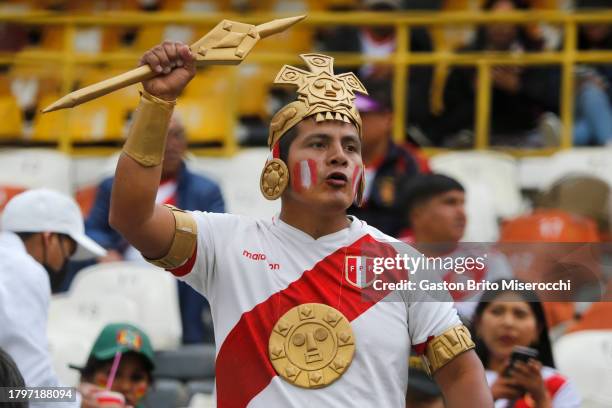 Fan of Peru in an Inca costume cheers for his team prior a FIFA World Cup 2026 Qualifier match between Bolivia and Peru at Estadio Hernando Siles on...