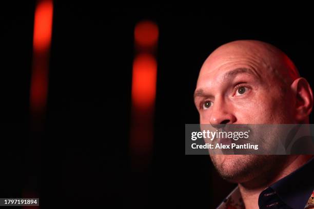 Tyson Fury is interviewed during the Tyson Fury v Oleksandr Usyk Press Conference at Outernet London on November 16, 2023 in London, England.