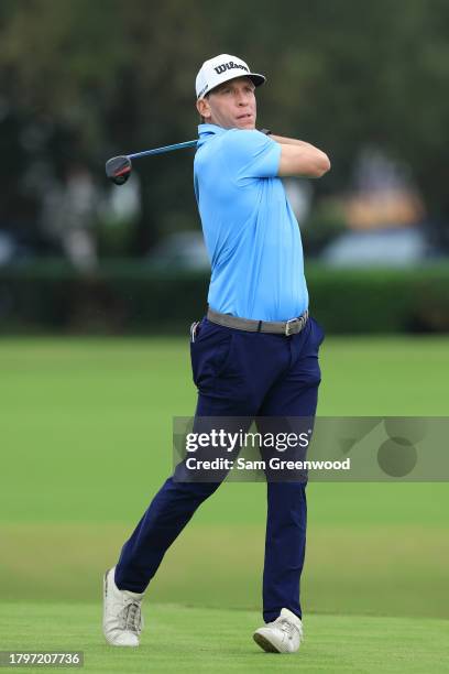 Ricky Barnes of the United States hits from the 12th fairway during the first round of The RSM Classic on the Plantation Course at Sea Island Resort...