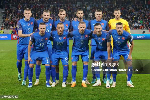 The Slovakia team pose for a team photograph prior to the UEFA EURO 2024 European qualifier match between Slovakia and Iceland at Narodny futbalovy...