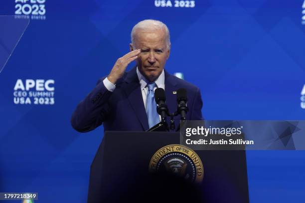 President Joe Biden speaks during the APEC CEO Summit at Moscone West on November 16, 2023 in San Francisco, California. The APEC summit is being...