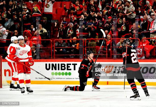 Brady Tkachuk of the Ottawa Senators reacts after scoring a goal in the first period of the 2023 NHL Global Series in Sweden between the Detroit Red...