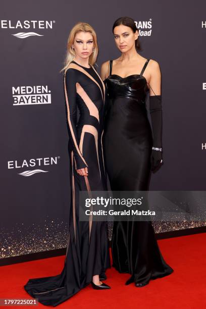 Stella Maxwell and Irina Shayk arrive for the 75th Bambi Awards at Bavaria Filmstadt on November 16, 2023 in Munich, Germany.