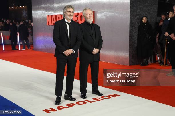 Joaquin Phoenix and Ridley Scott attend the "Napoleon" UK Premiere at Odeon Luxe Leicester Square on November 16, 2023 in London, England.