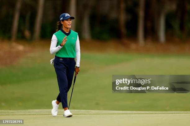 Celine Boutier of France reacts to her putt on the third green during the first round of the CME Group Tour Championship at Tiburon Golf Club on...