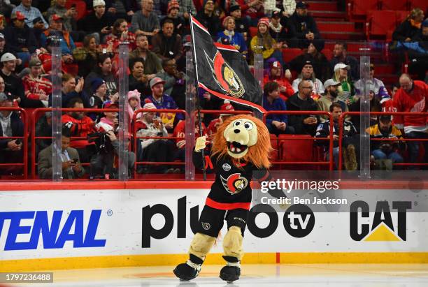 Mascot Spartacat of the Ottawa Senators skates on the ice before the 2023 NHL Global Series in Sweden between the Detroit Red Wings and the Ottawa...