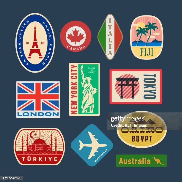 retro world travel stickers - souvenir stand stock illustrations