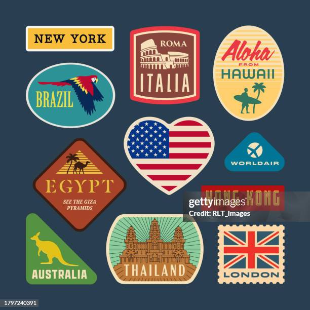 ilustrações de stock, clip art, desenhos animados e ícones de retro world travel stickers - decalque