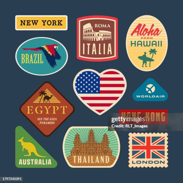 retro world travel stickers - sticker stock illustrations