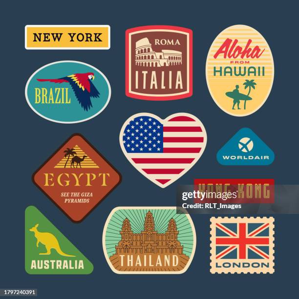 retro world travel stickers - hawaii flag 幅插畫檔、美工圖案、卡通及圖標