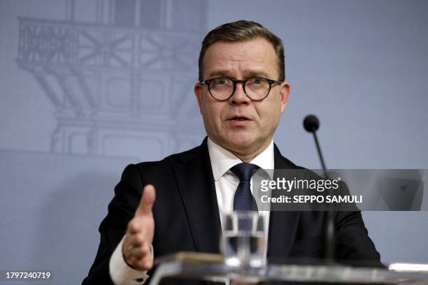 Finnish Prime Minister Petteri Orpo addresses a press conference in Helsinki, Finland on November 22 on the border situation with Russia. Finland's...