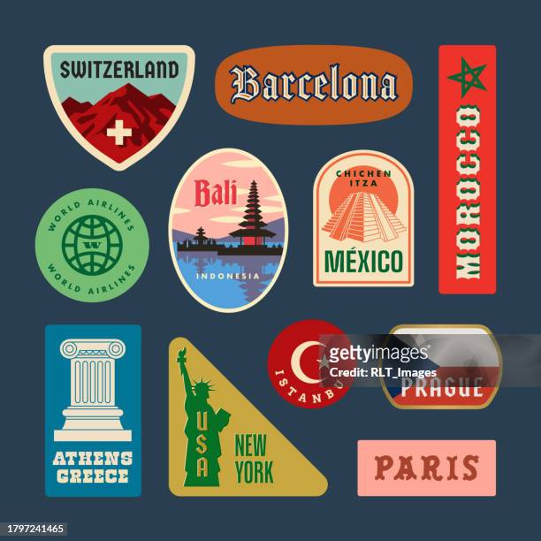 bildbanksillustrationer, clip art samt tecknat material och ikoner med retro world travel stickers - switzerland v united states