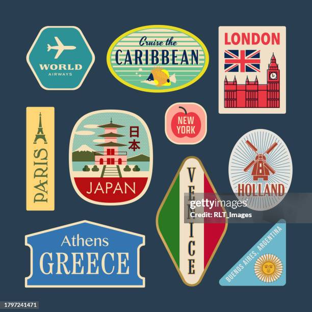 ilustrações de stock, clip art, desenhos animados e ícones de retro world travel stickers - decalque