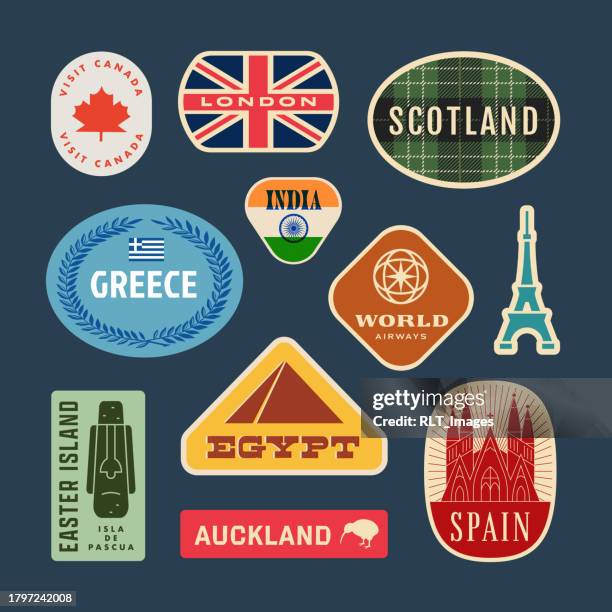 ilustrações de stock, clip art, desenhos animados e ícones de retro world travel stickers - decalque