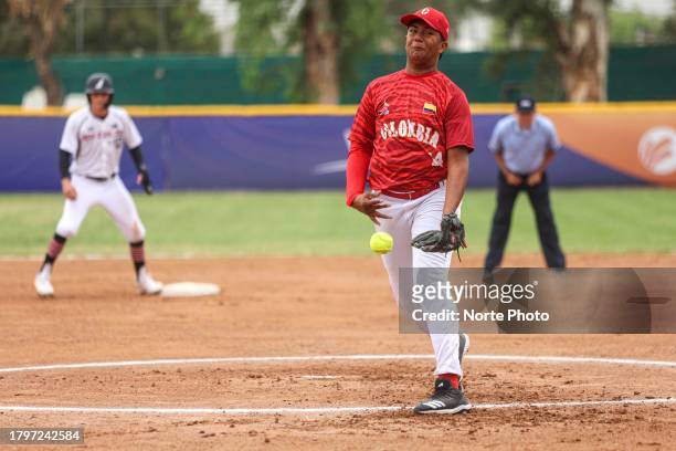 Sergio Aragon starting pitcher of Colombia throws the ball in the first inning during the game between New Zealand and Colombia as part of the XIV...