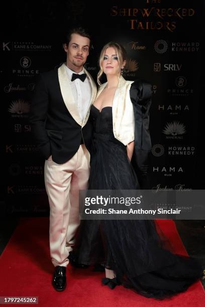 Herman Tommeraas and Alicia Agneson arrive at Joshua Kane's "The Shipwrecked Tailors" at The Mandrake Hotel on November 16, 2023 in London, England.