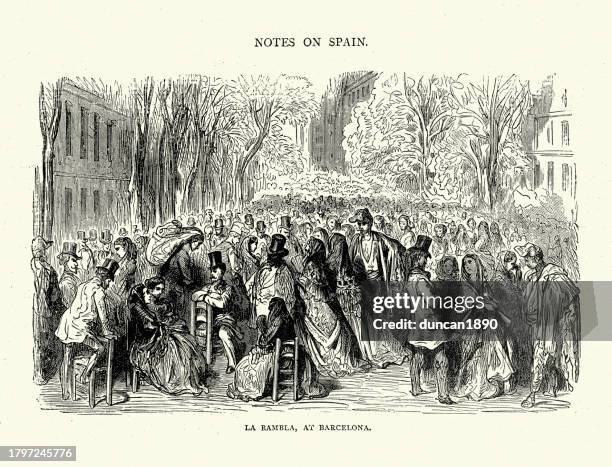 crowd of people, la rambla, at barcelona spain, spanish history 19th century - la rambla barcelona stock illustrations