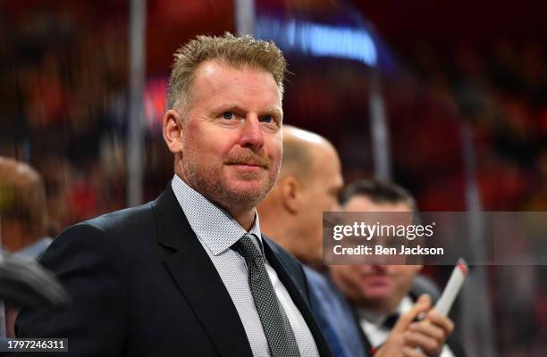 Former NHL and Ottawa Senators player Daniel Alfredsson looks on during the first period of the 2023 NHL Global Series in Sweden between the Detroit...