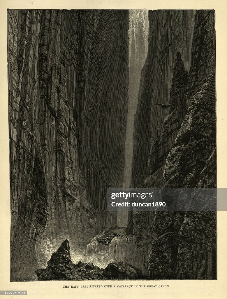 Raft precipitated over a cataract in the Great Canon, Passage of the Great Canon of the Colorado, 19th Century