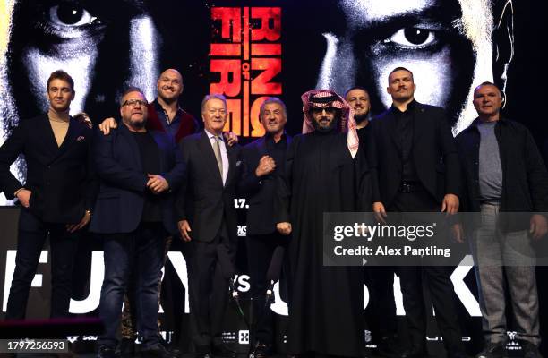 Turki Al-Sheikh poses with Tyson Fury, Frank Warren, Spencer Brown, Sylvester Stallone and Oleksandr Usyk at HERE on November 16, 2023 in London,...