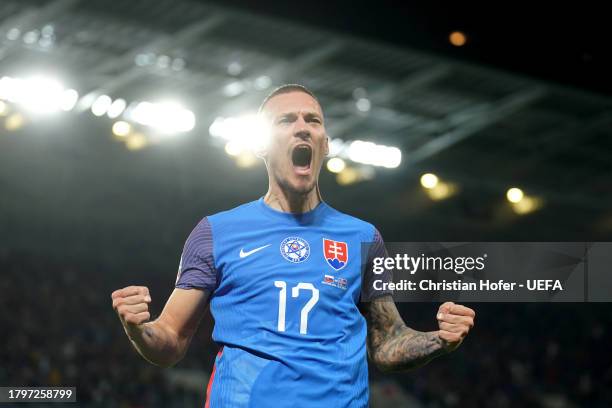 Lukas Haraslin of Slovakia celebrates after the team's first goal scored by teammate, Juraj Kucka during the UEFA EURO 2024 European qualifier match...