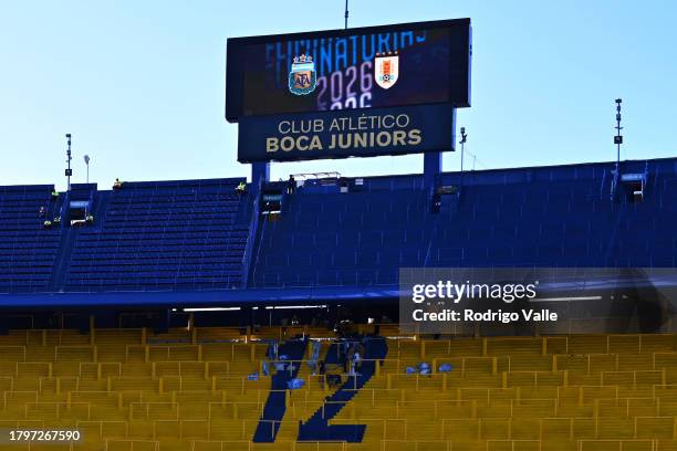 The LED board shows the badges of Argentina and Uruguay as fans arrive to the stands prior to a FIFA World Cup 2026 Qualifier match between Argentina...