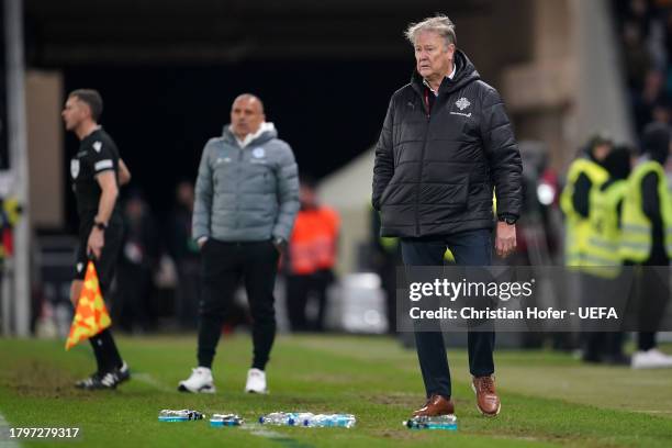 Age Hareide, Head Coach of Iceland, looks on during the UEFA EURO 2024 European qualifier match between Slovakia and Iceland at Narodny futbalovy...