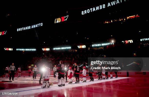 General view is seen of the Ottawa Senators standing on their blue line during pre-game ceremonies before the 2023 NHL Global Series in Sweden...