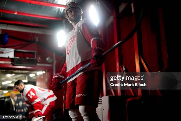 Michael Rasmussen of the Detroit Red Wings waits in the hallway before the 2023 NHL Global Series in Sweden between the Detroit Red Wings and the...