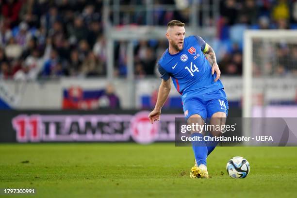 Milan Skriniar of Slovakia passes the ball during the UEFA EURO 2024 European qualifier match between Slovakia and Iceland at Narodny futbalovy...