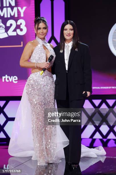 Chiquinquirá Delgado and Laura Pausini speak onstage at The 24th Annual Latin Grammy Awards on November 16, 2023 in Seville, Spain.