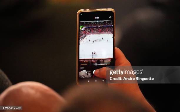 General view is seen of a mobile phone during the second period of the 2023 NHL Global Series in Sweden between the Detroit Red Wings and the Ottawa...