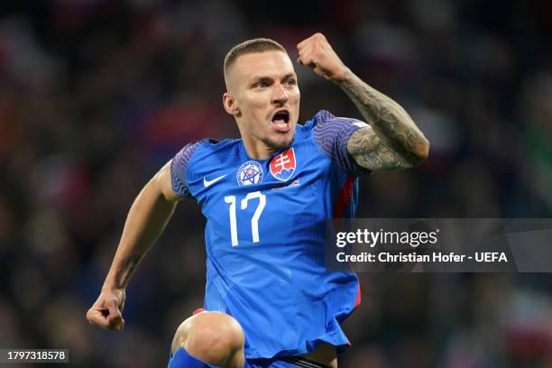 Lukas Haraslin of Slovakia celebrates after scoring the team's fourth goal during the UEFA EURO 2024 European qualifier match between Slovakia and...