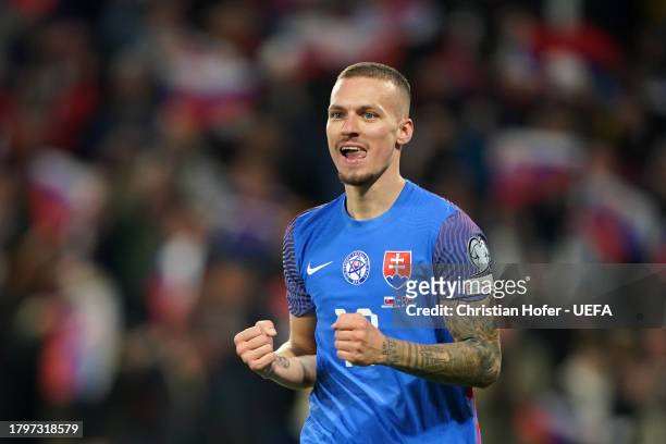 Lukas Haraslin of Slovakia celebrates after scoring the team's fourth goal during the UEFA EURO 2024 European qualifier match between Slovakia and...