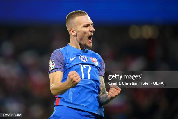 Lukas Haraslin of Slovakia celebrates after scoring the team's fourth goal during the UEFA EURO 2024 European qualifier match between Slovakia and...