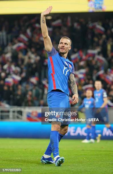 Lukas Haraslin of Slovakia celebrates after scoring the team's third goal during the UEFA EURO 2024 European qualifier match between Slovakia and...